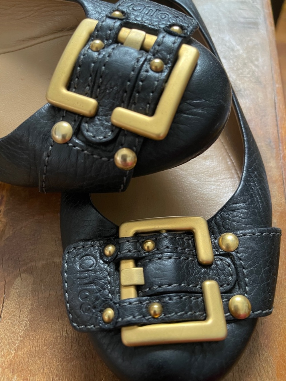 Chloe Black Leather Ballet Flats with Gold Buckle Accents - Picture 4 of 6